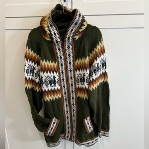 Olive Green Fair Isle Zip Cardigan with Alpaca & White Accents (never worn)